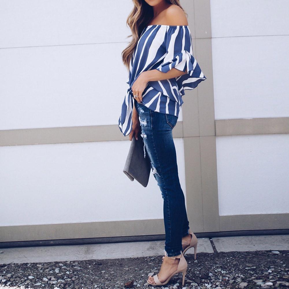 Women Striped Off Shoulder Waist Tie Blouse Short Sleeve Casual T Shirts Tops