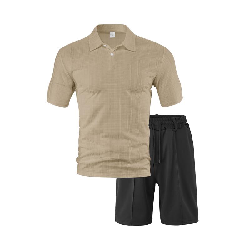 Summer Men Matching Outfit Sets Grid Texture Short Sleeve Polo Shirts Elastic Drawstring Casual Shorts Daily Beach Vacation Two Piece Tracksuit