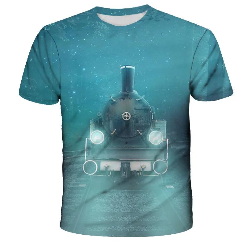 Fashion Trends Summer New Retro Train Engine Pattern Printed Men's T-shirt Street Fashion Cool Round Neck Plus Size Top
