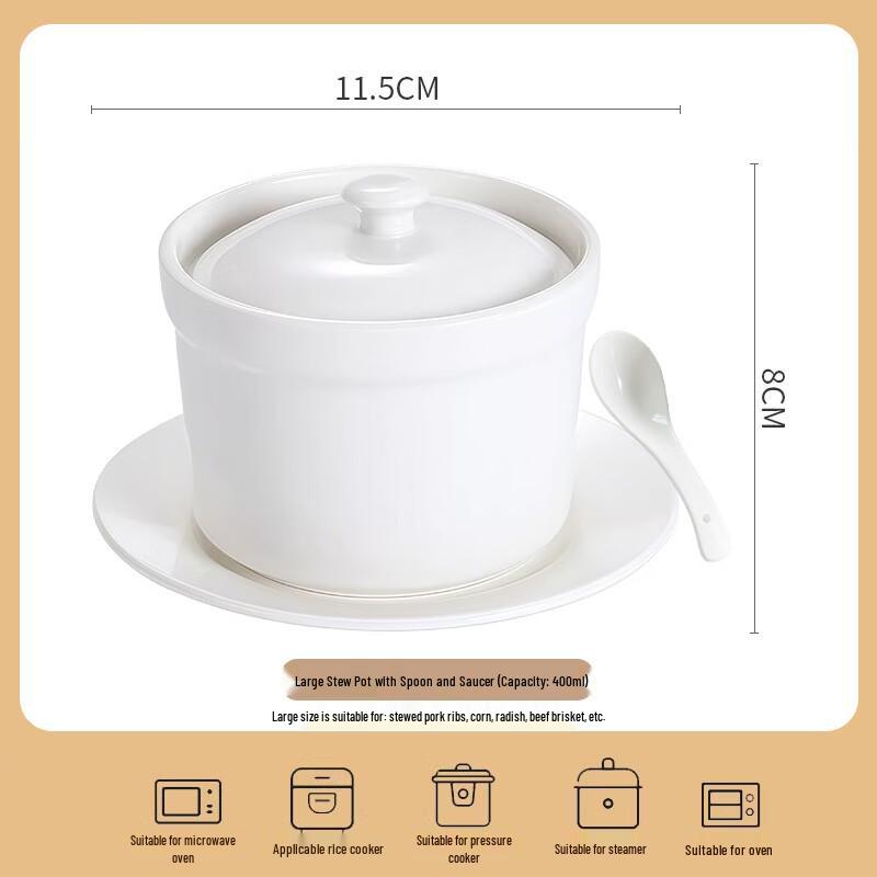 HUAIYI Large Ceramic Lidded Braising Pot with Saucer & Spoon