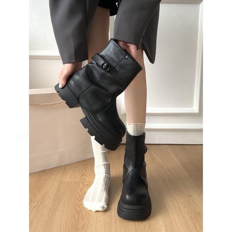 2025 Autumn and Winter New Niche Retro Thick-soled Pleated Trouser Tube Boots Heightened Short Boots Versatile Casual Martin Boots