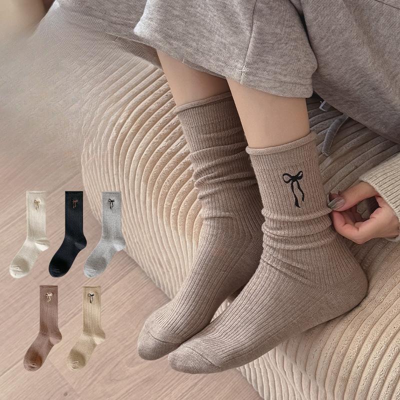 Female Autumn and Winter New Style Thick Add Velvet Warm Bowknot Roll Edge In The Tube Pile Socks