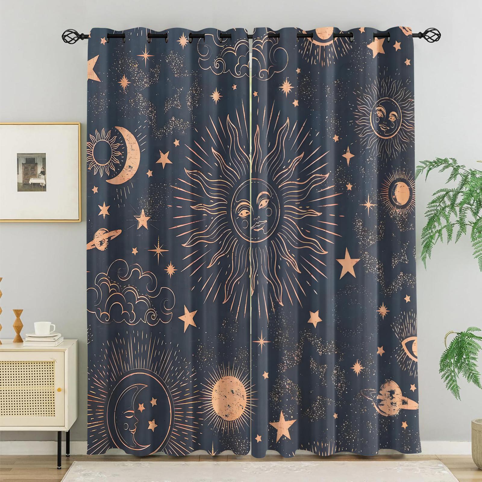 

2PCS Celestial Sun Moon Stars Printed Curtain for Bedroom Living Room Balcony All Season Curtain Adults Bedroom Decoration 100*130 HOOK 1pcs