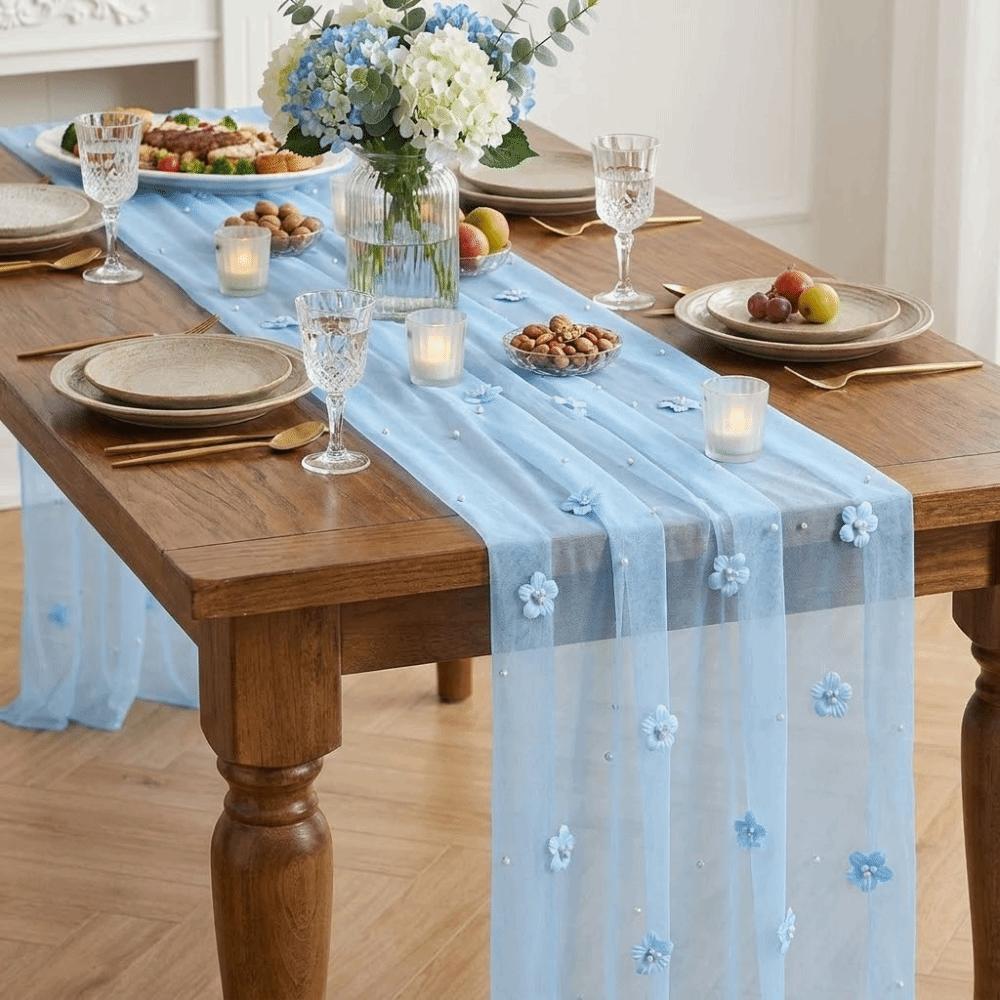 3D Flower Pearl Table Runner Romantic Multi-color Wedding Table Runner Semi-Transparent Vintage Tulle Table Runner Baby Shower