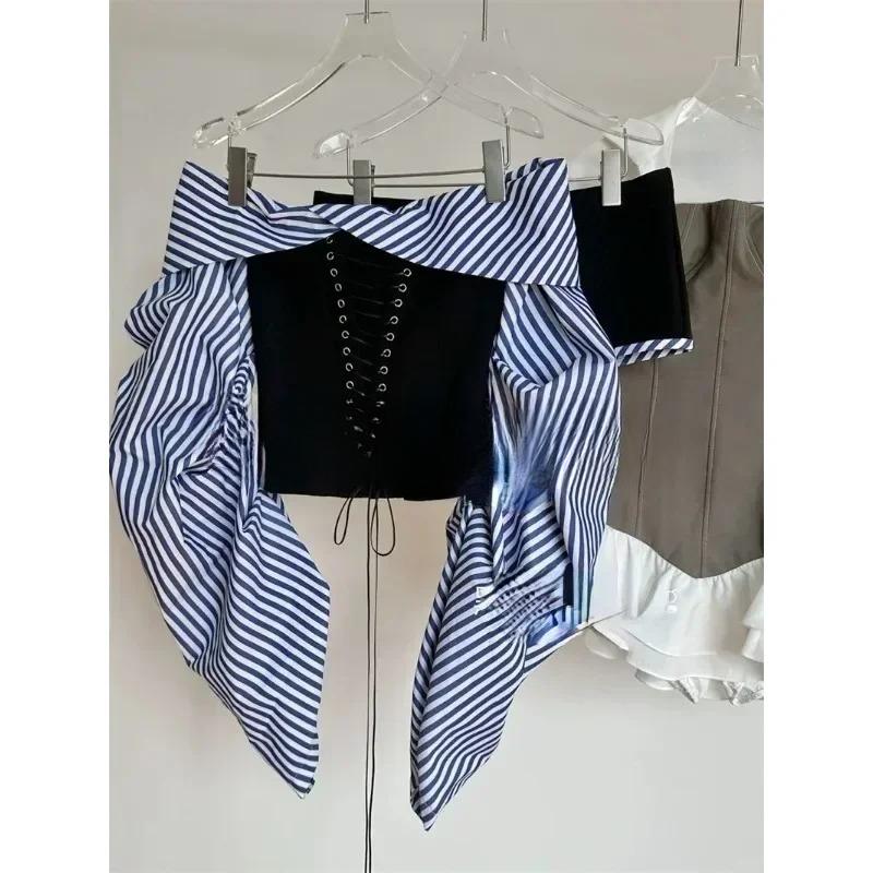 2000s Sweet Hot Girl Sexy Suit Women Autumn Striped Bubble Sleeve Off Shoulder Top Low Waist Shorts Two Piece Set Female Clothes