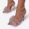 2025 New Pointed Toe Shallow Furry Women Thin High Heels Metal Buckle Chain Decoration Sandals Outdoor Footwear Female