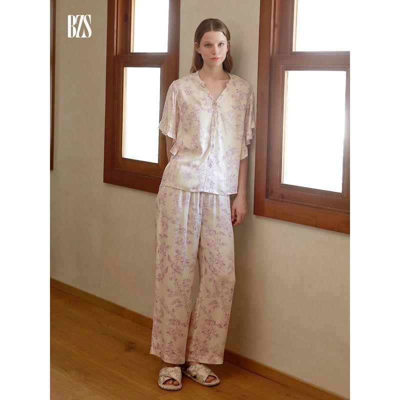 25 Summer Rayon Satin Comfortable Romantic Purple Print Butterfly Sleeve Short sleeve Trousers Can Be Worn outside Homewear Set