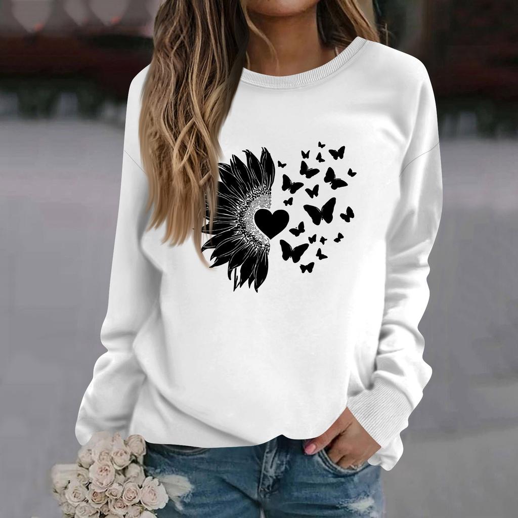 Damenmode Lässig Langarm Einfarbig Bedruckt Rundhals Oberteil Sweatshirt