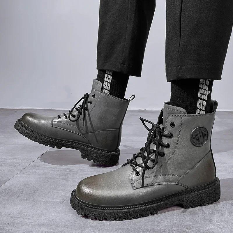 Winter Plush Mens Lace Up Leather Boots Genuine Leather Boots British Style Casual High Top Leisure Side Zipper Motorcycle Boots