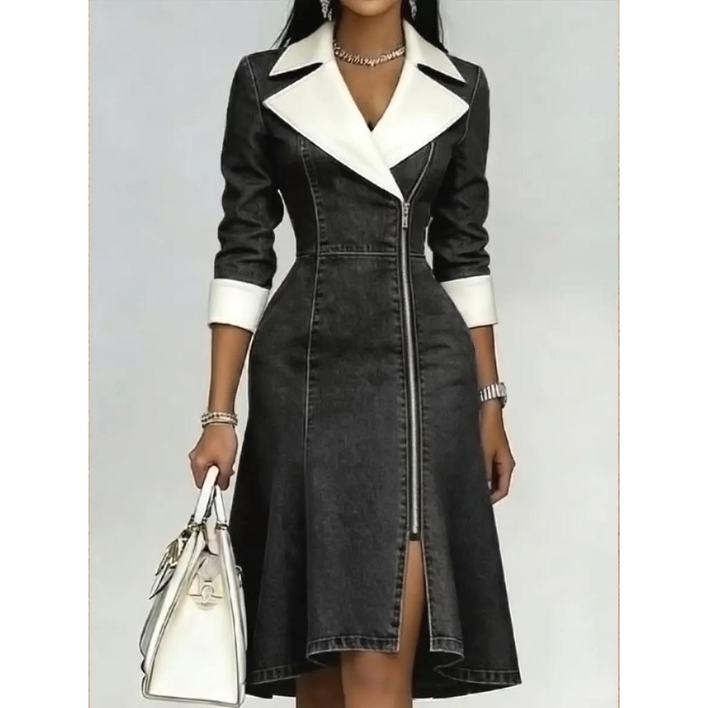 New Arrival Women's Lapel Long Sleeve Zip Denim Patchwork Midi Skirt Casual Fall Spring Womens Denim Mid-Length Dress