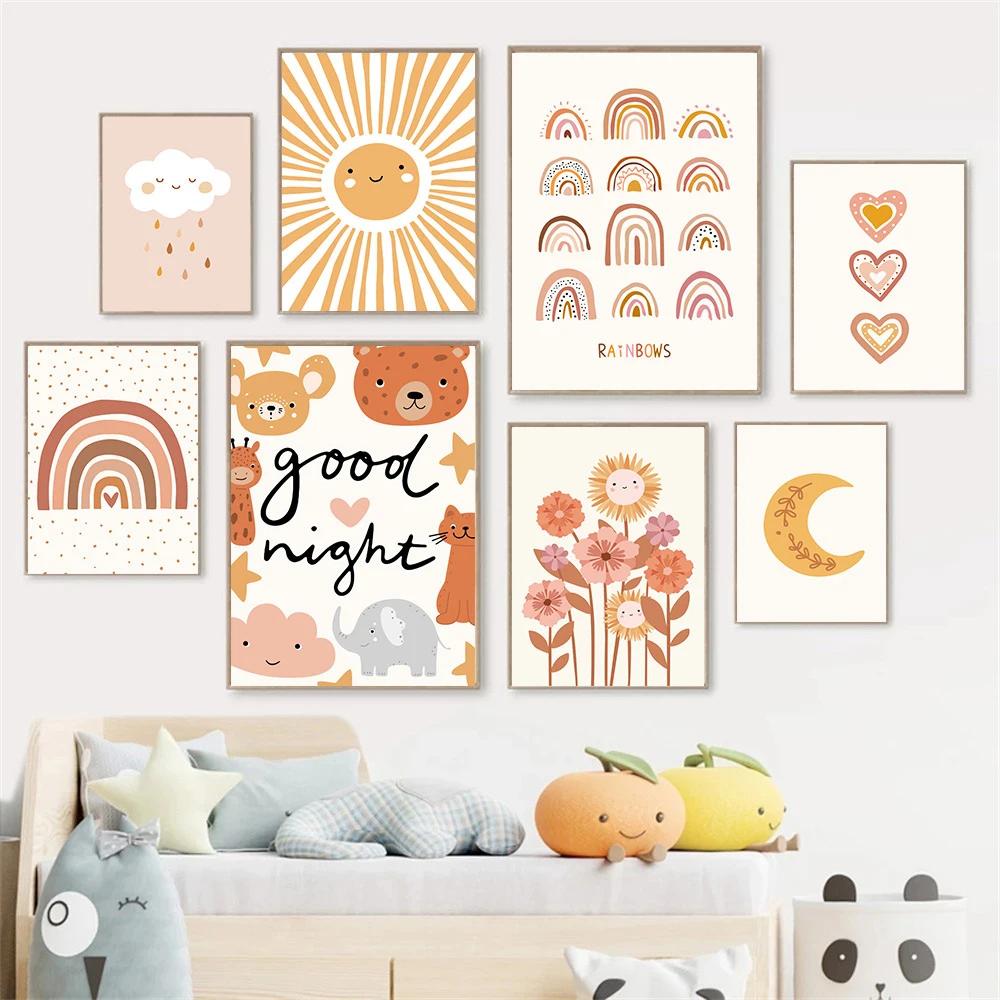 Boho Rainbow Cloud Moon Sun Heart Posters and Prints Nordic Nursery Wall Art Pictures Baby Kids Room Home Decor Canvas Painting