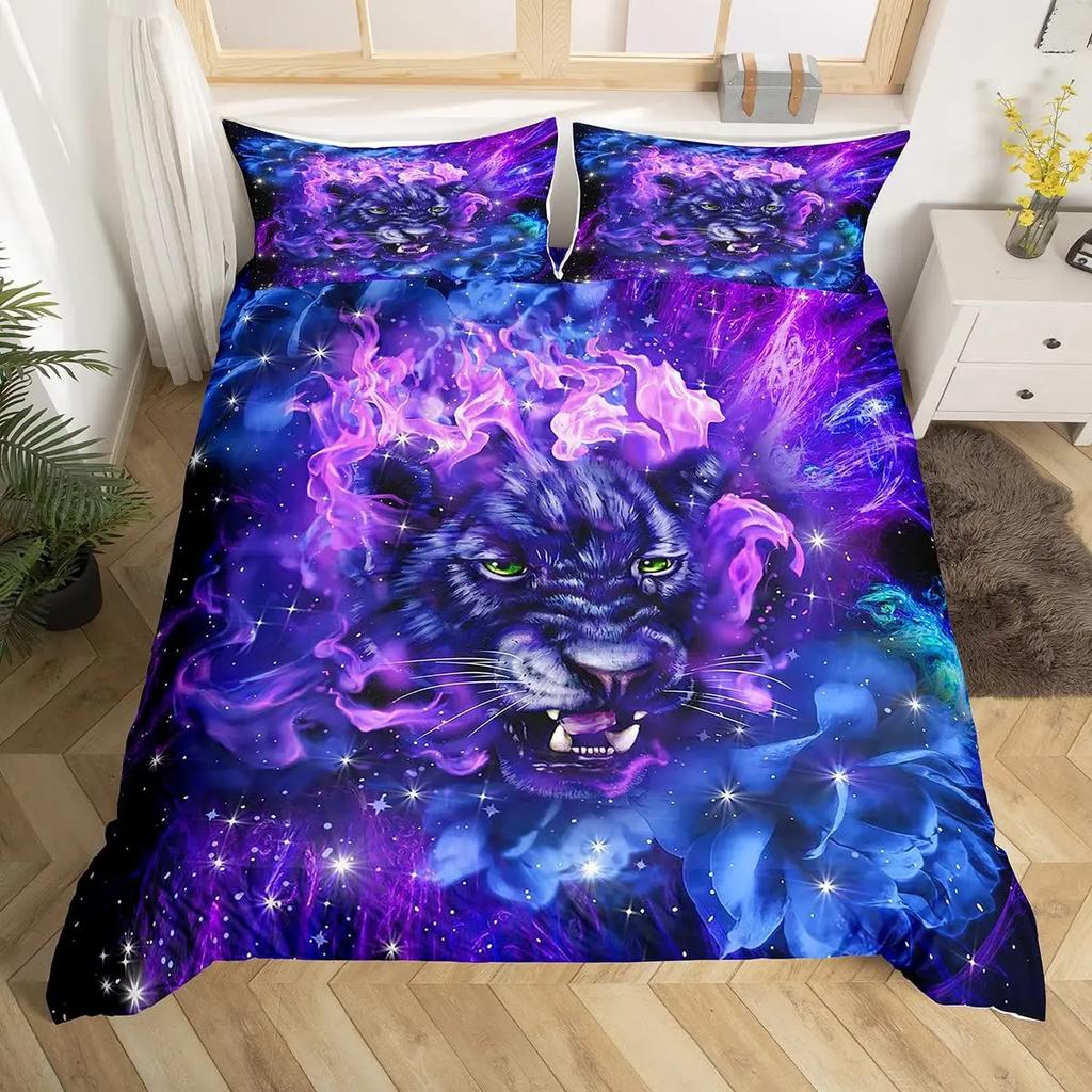 Galaxy Tiger Duvet Cover Set Blue Nebulas Stars Moon Bedding Sets Outer Space Wildlife Sky Starry King Comforter Cover Set