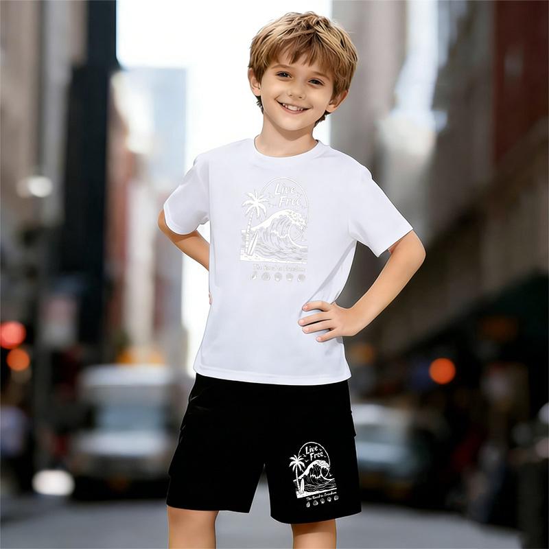

Boys 2 Piece Summer Beach Printed Outfit, Short Sleeve T-Shirt and Shorts Set for Kids Age 5-14, Black and White Sporty Casual Summer Clothes 13-14 Years білий