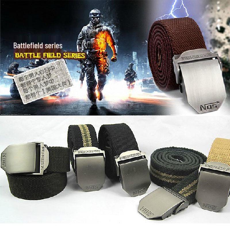 Military Style Fashionable Thickened Canvas and Leather Outdoor Belt Khaki