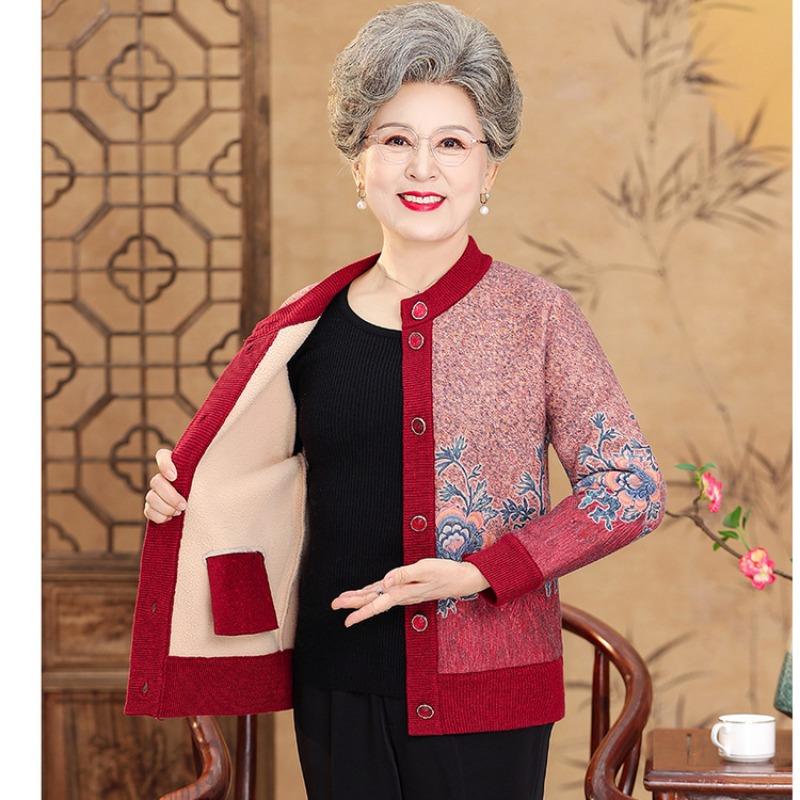 Autumn and winter round neck printed fleece thickened knitted cardigan women's loose casual jacket old and new mother outfit