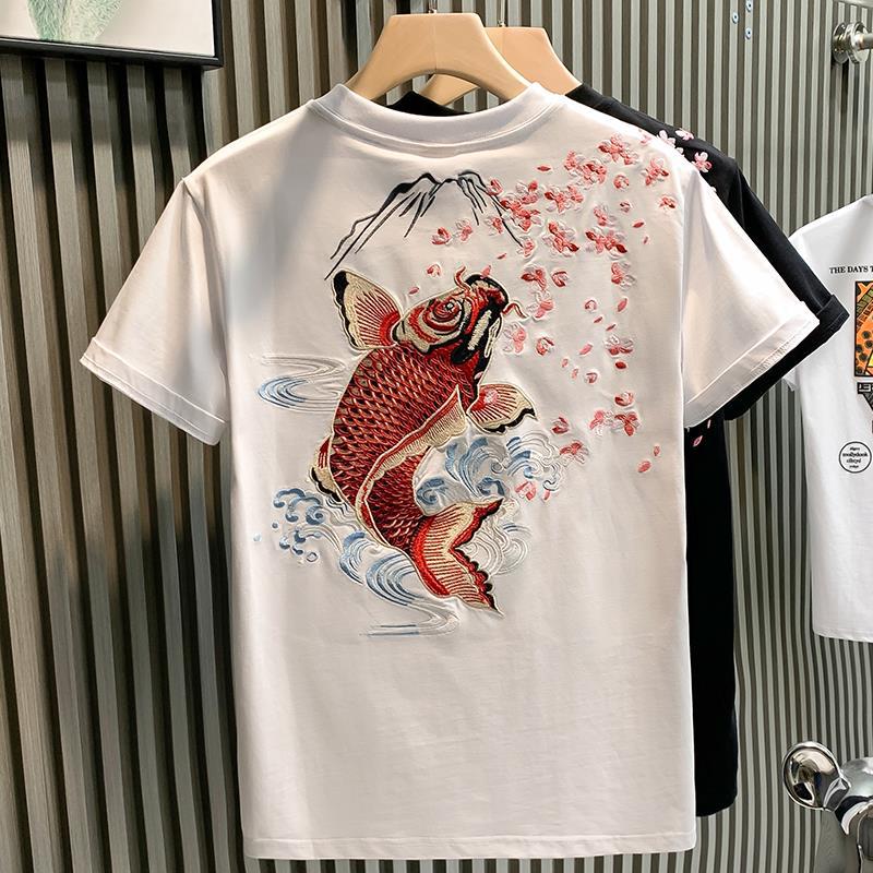 Men's Koi Fish Cherry Blossom Embroidery Back Print Short Sleeve T-Shirt Casual Streetwear Top