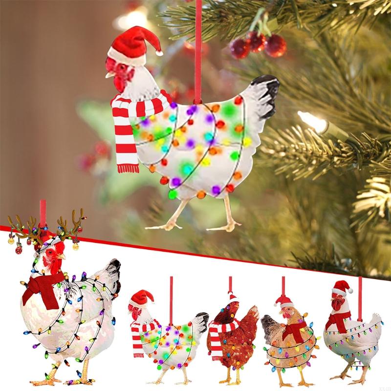 KX4B Christmas Scarf Chicken Holiday Decoration Wooden Pendant 5Pcs for Xmas Tree