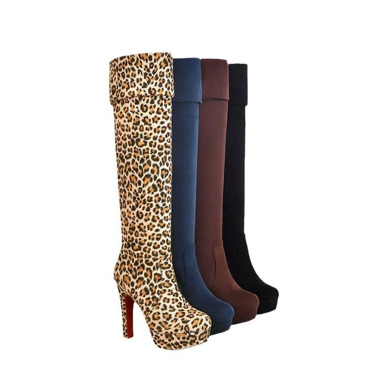 Women High Heels Slip On Over the Knee Sexy Long Boots Female Platform Ankle Patchwork Flock Two Ways Wear Plus Size