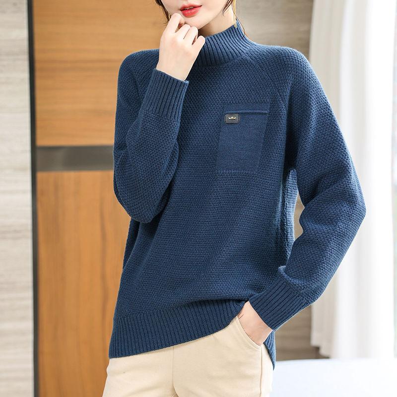 

Осенний новый женский свитер с полувысоким воротником, свободный вязаный свитер, универсальный для осени и зимы, однотонная нижняя рубашка L озеро синий