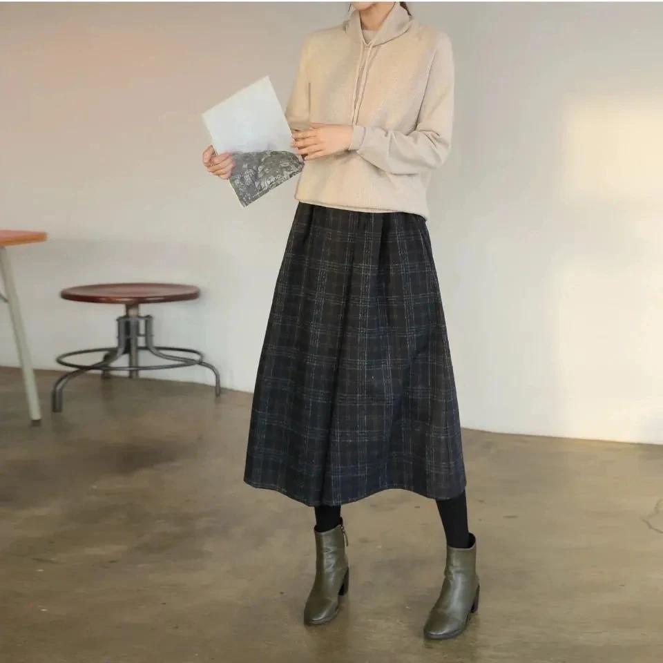 Pantalones de Lana Elásticos de Cintura Alta para Mujer Otoño Invierno Cuadros Lana Pierna Ancha Pantalones Femeninos Casuales Sueltos Longitud Tobillo Pantalones Falda