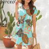 BITCED Spring/Summer Floral Print Drawstring V-Neck Short-Sleeve Vacation Casual Loose Dress