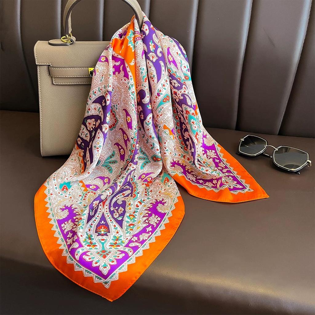 New Floral Print Silk Feeling 70cm Square Scarf Women Foulard Cashew Neckerchief Lady Satin Head Hijab Female Decorate Neck Ties