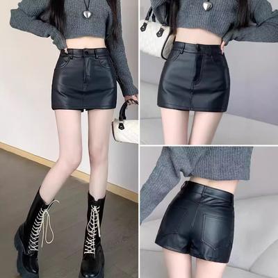 Women's Fall Winter Black A-Line Bodycon Skirt Pants High Waisted Slimming PU Leather Shorts Mini Shorts Versatile Slim Fit Hot Pants