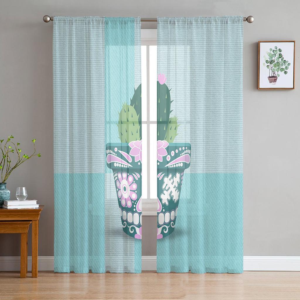 Plant Cactus Flower Pot Tulle Curtains For Living Room Decoration Modern Chiffon Sheer Voile Kitchen Curtain