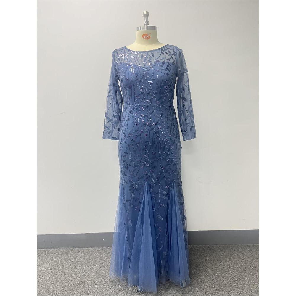 Plus Size Elegant Embroidered Mermaid Dress Round Neck Long Sleeve Lined Back Zipper