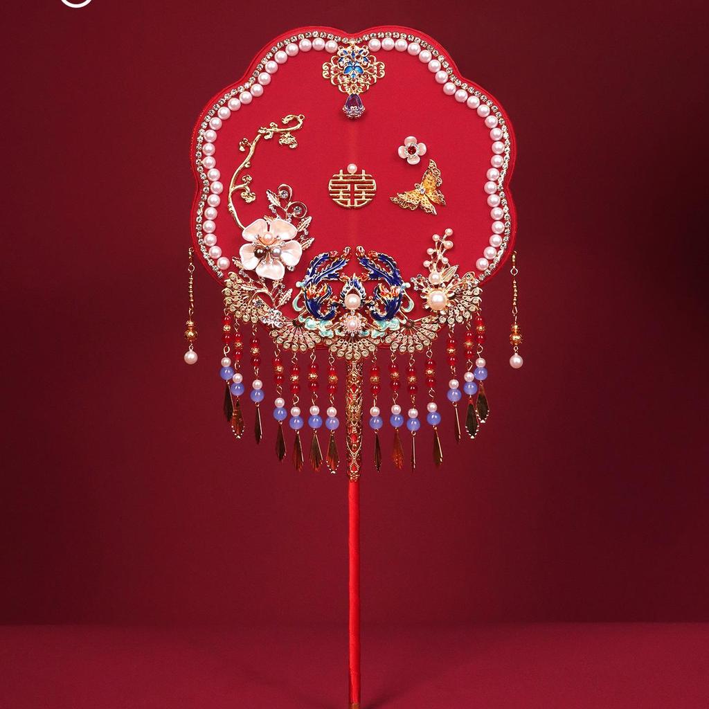 Chinese Wedding Fan DIY Kit: Round Red Bride Xiuhe Face Covering Happy Fan
