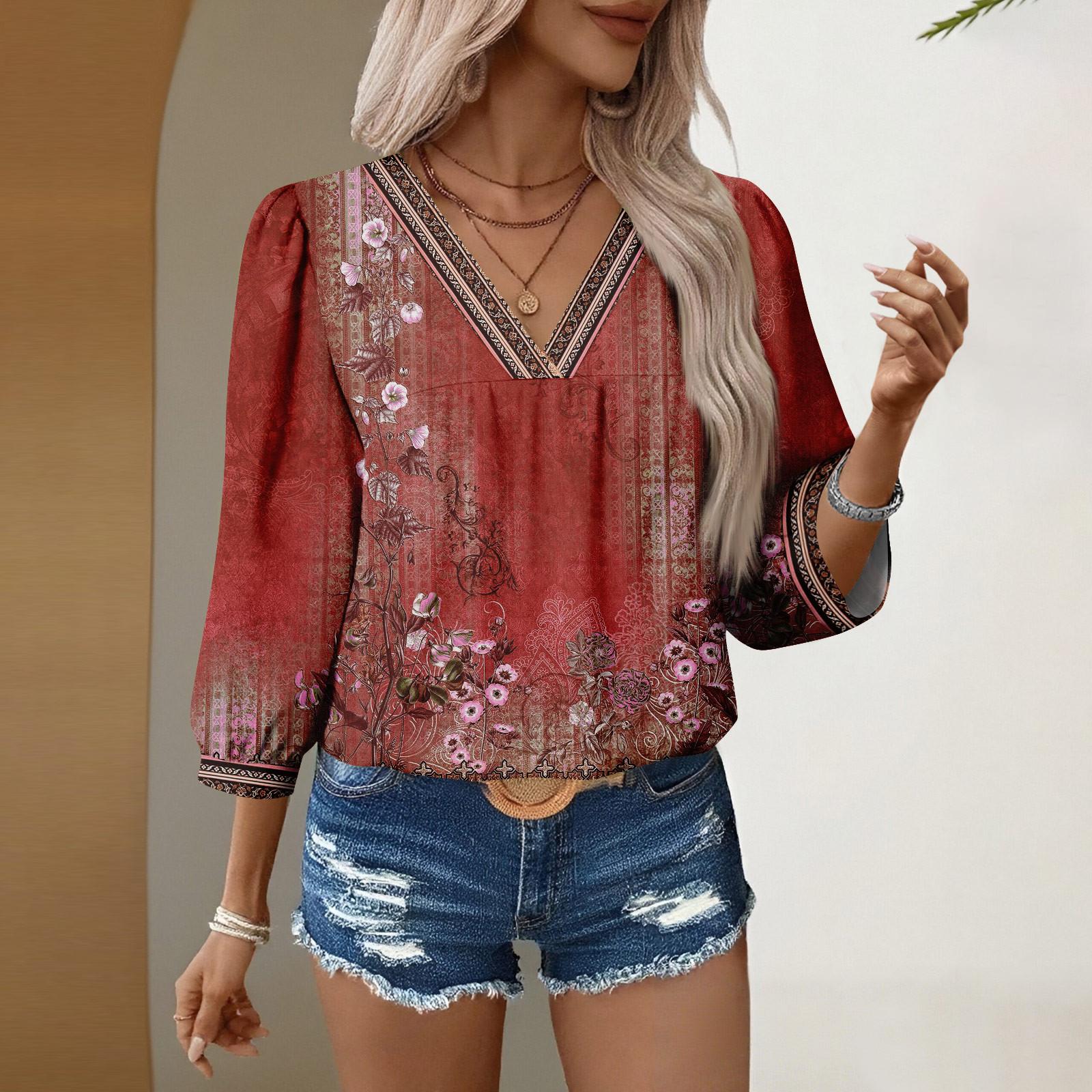 

Женские повседневные блузки с V-образным вырезом и цветочным принтом, рукав 3/4, бохо, осенние топы, рубашки S красный