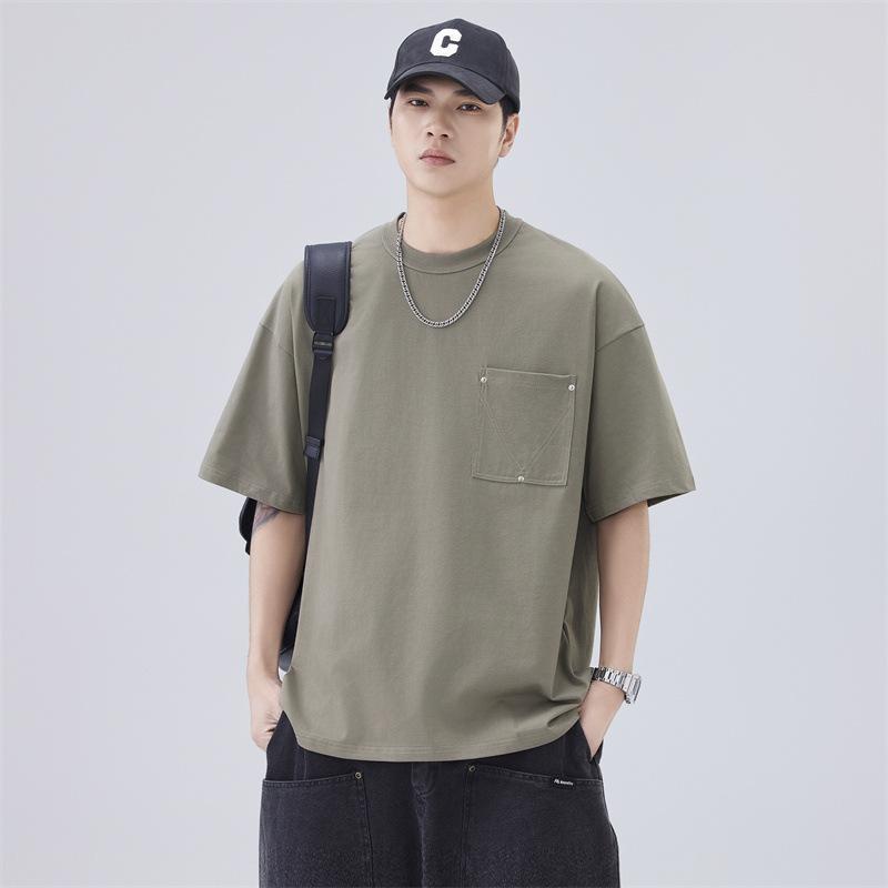 New Summer Men's T-padded Pure Cotton Quality Ice-feeling Pocket Loose Round Neck T-shirt Short Sleeves