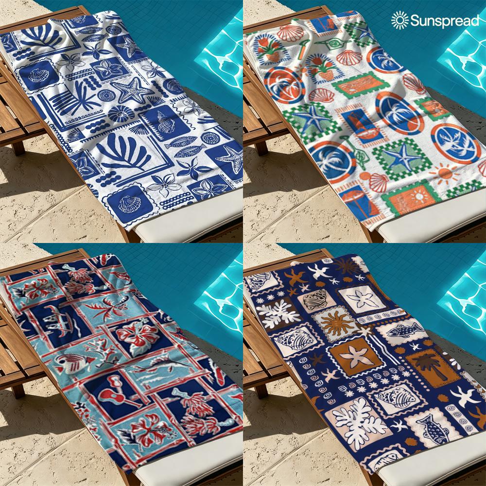 Retro Hawaiian Stamps Quick Drying Bath Towel Microfiber Beach Towel Light Weight Swimming Camping Yoga Beach Out