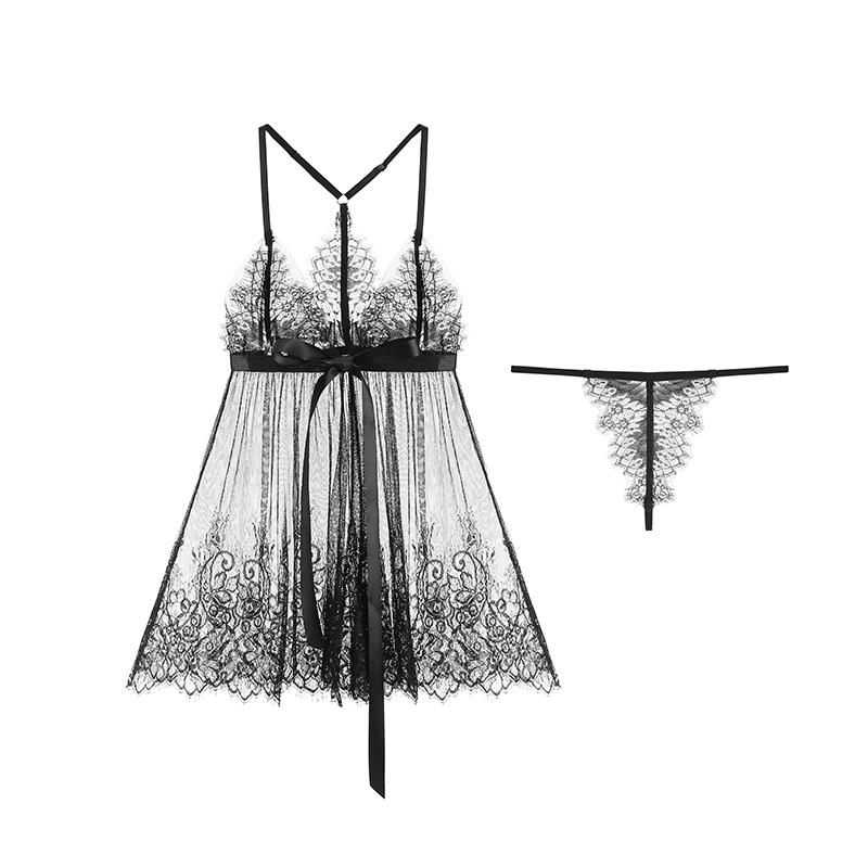 Women Sexy Lingerie Briefs Set Erotic Perspective Deep V Mesh Lace Nightgown Porn Suspender Lingerie Sex Costumes