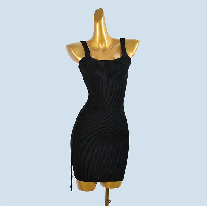 Knitted Sling Dress Women's Spring Summer Sexy Square Collar Collarbone Drawstring Slim fit Sheath Show Figure Vest Long dress