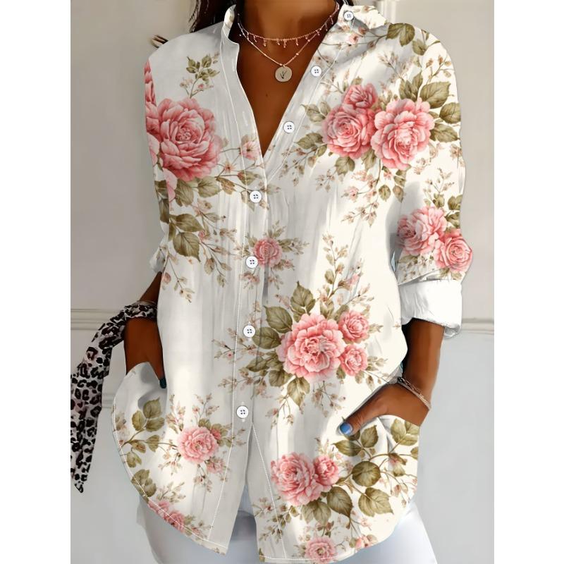 New Large Size Women's Long Sleeve Printed Shirt Digitally Printed Versatile Elegant Shirt for Girls with Pink Rose Flower Pattern