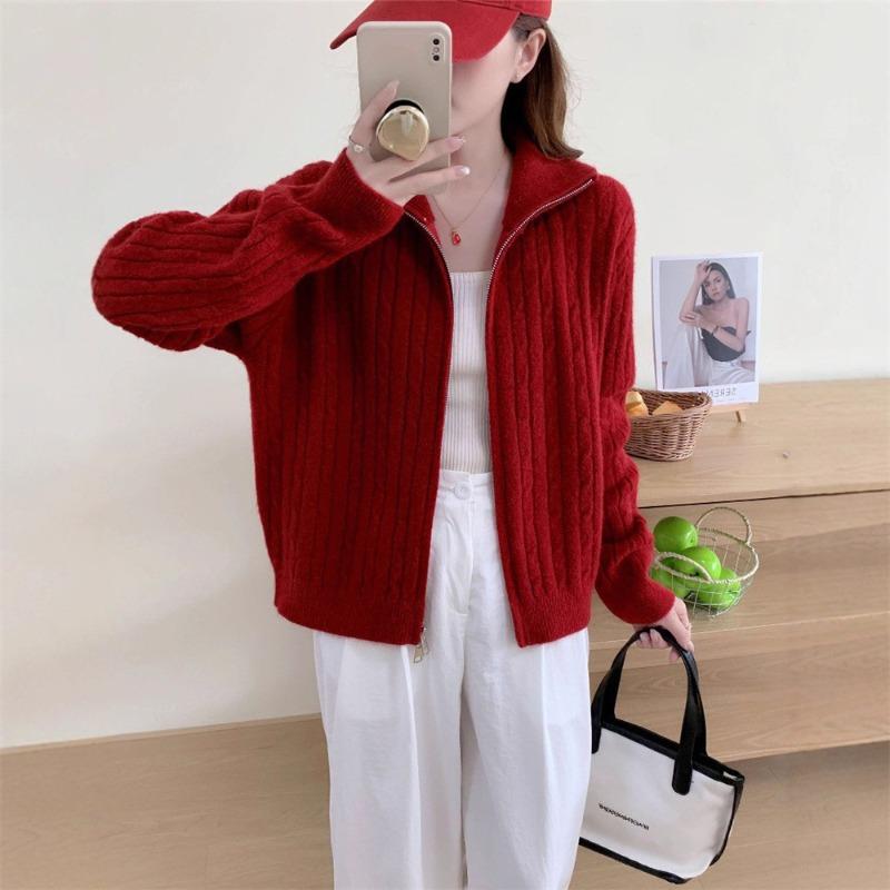 Loose lazy wind age-reducing sweater jacket women's autumn and winter new twist stand-up collar zipper fashion knitted cardigan