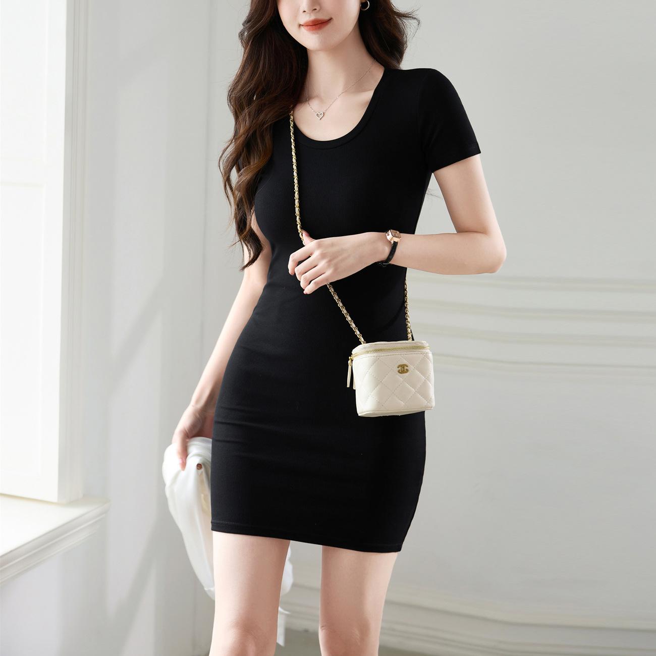 Cotton Short-sleeved Dress Womens Summer Updated Round Neck Inner with Sexy Spice Girl Hip-wrapped Skirt S