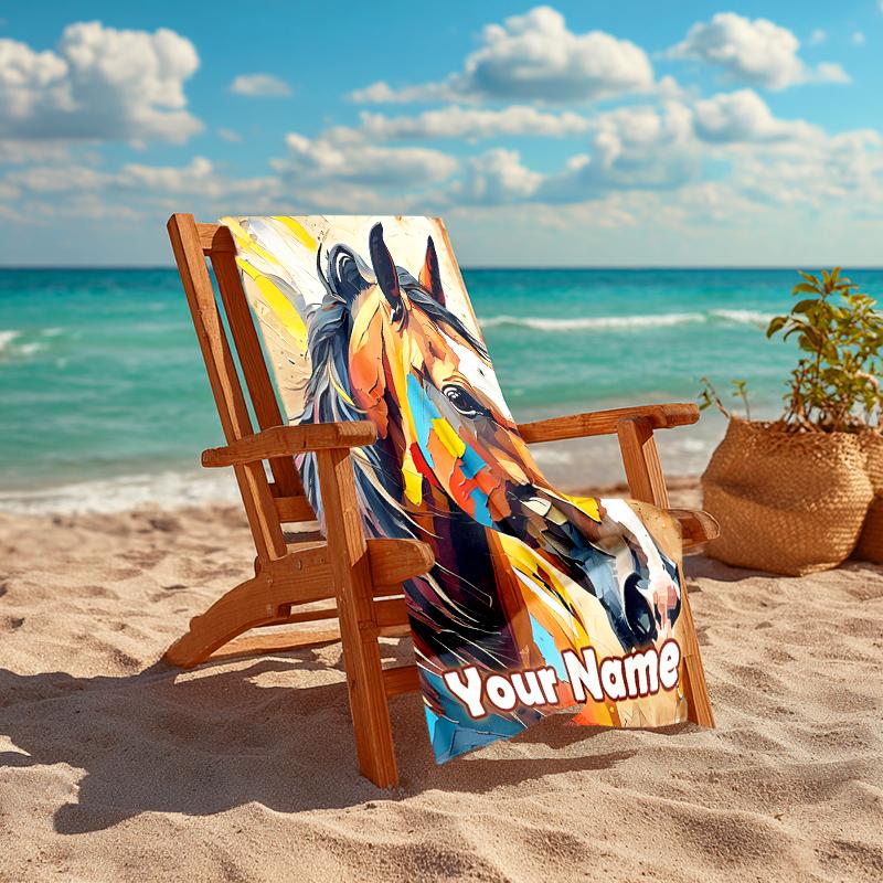 1PC Custom Name Abstract Horse Portrait Beach Towel Highly Absorbent And Sand-Resistant Towel for Swimming, Pool, Yoga, And Travel Lightweight