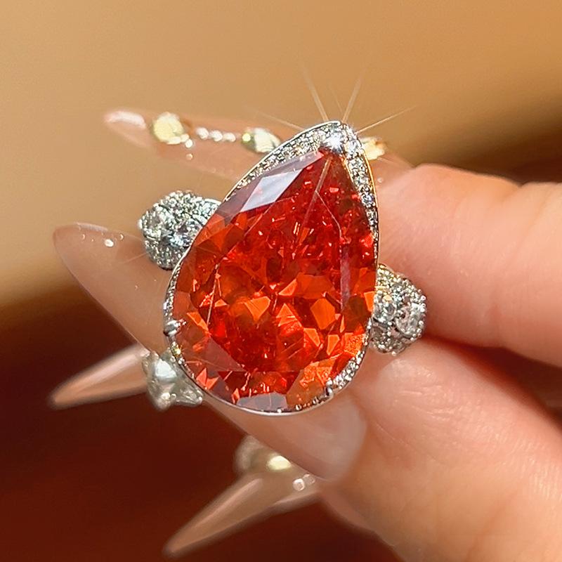 Manufacturer's Copper Rings Women's Jewelry Zircon Water Droplet Shape Chinese Red Sea Blue Yellow Luxury Fashion High-end Sense