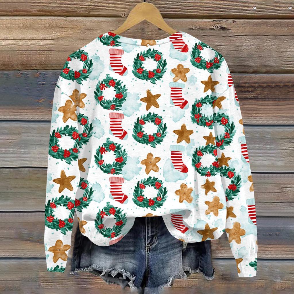 Women's Casual Long Sleeve Christmas Print Neck Pullover Sweatshirt Top