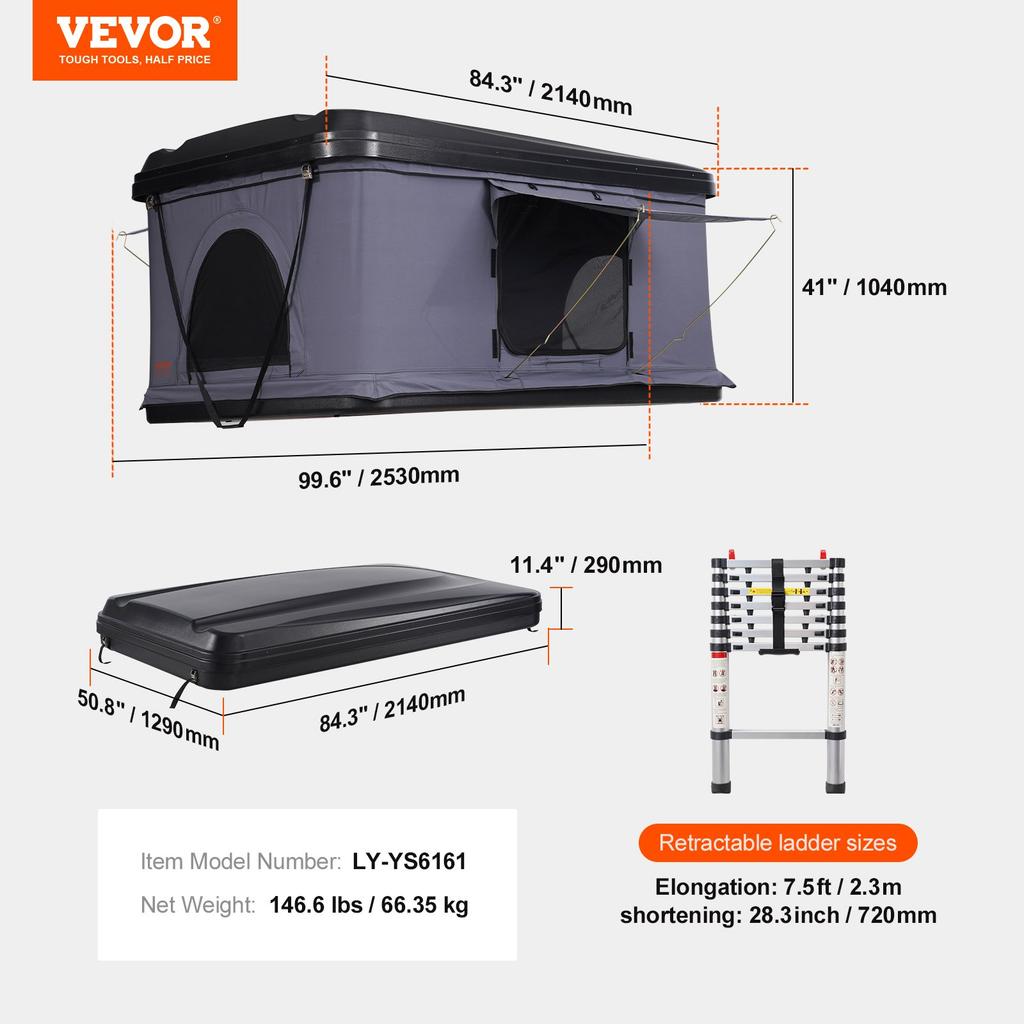 VEVOR Rooftop Tent Hard Shell, Naturnest Rooftop Tent Hardshell for 2-3 Person, Hard Shell Roof Top Tent with Telescopic Ladder Thick Mattress