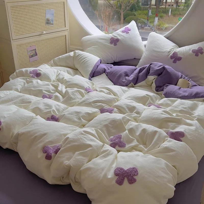 

Duvet cover set (1*Duvet Cover + 2*Pillowcase, sheet), Butterfly knot yarn embroidery Bedding Set, Soft Comfortable 1.5m sheet 4pcs