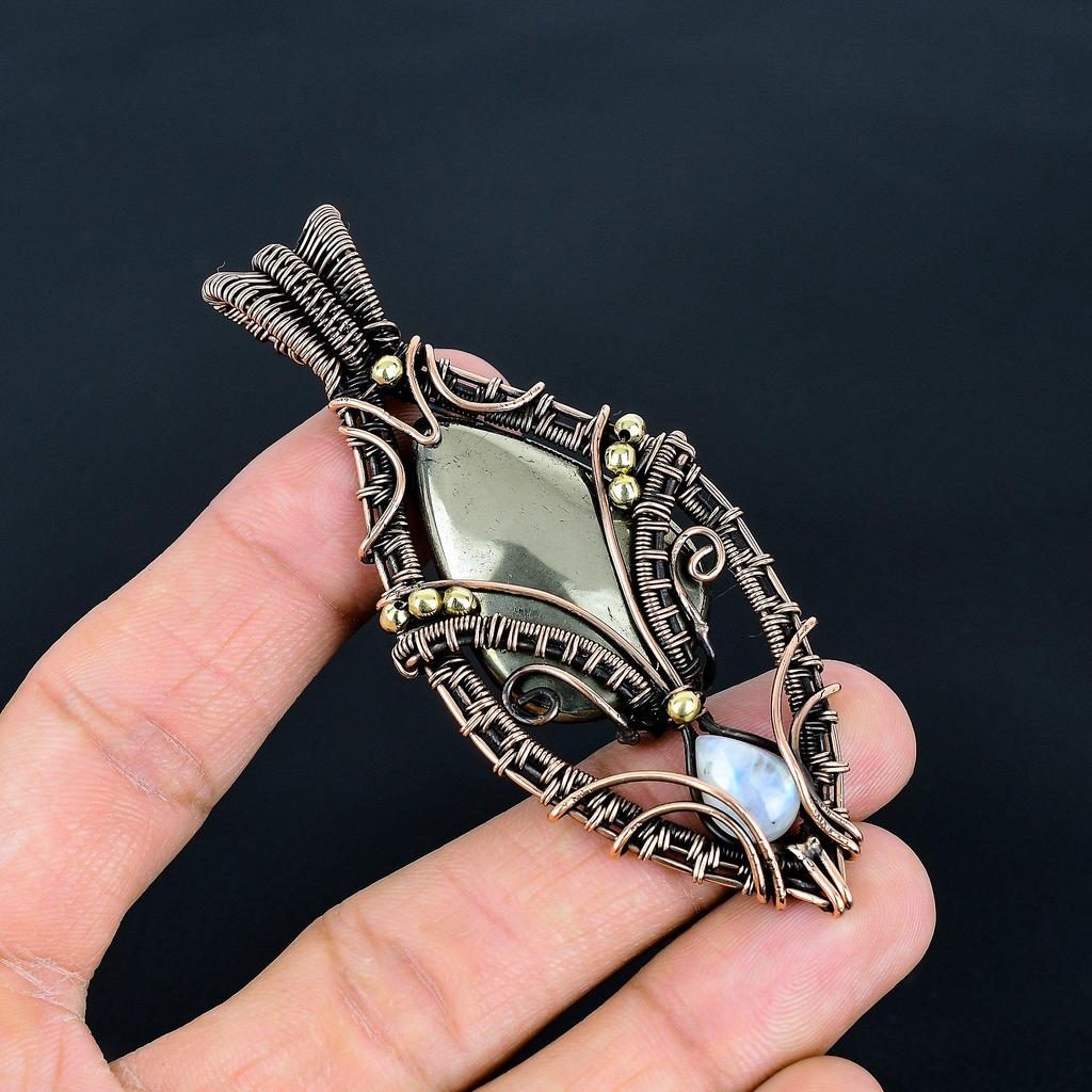 Pyrite & Moonstone Pendant, 999 Copper Wire Wrapped Gemstone Jewelry, Handmade Tree Of Life Pendant, For Thanksgiving