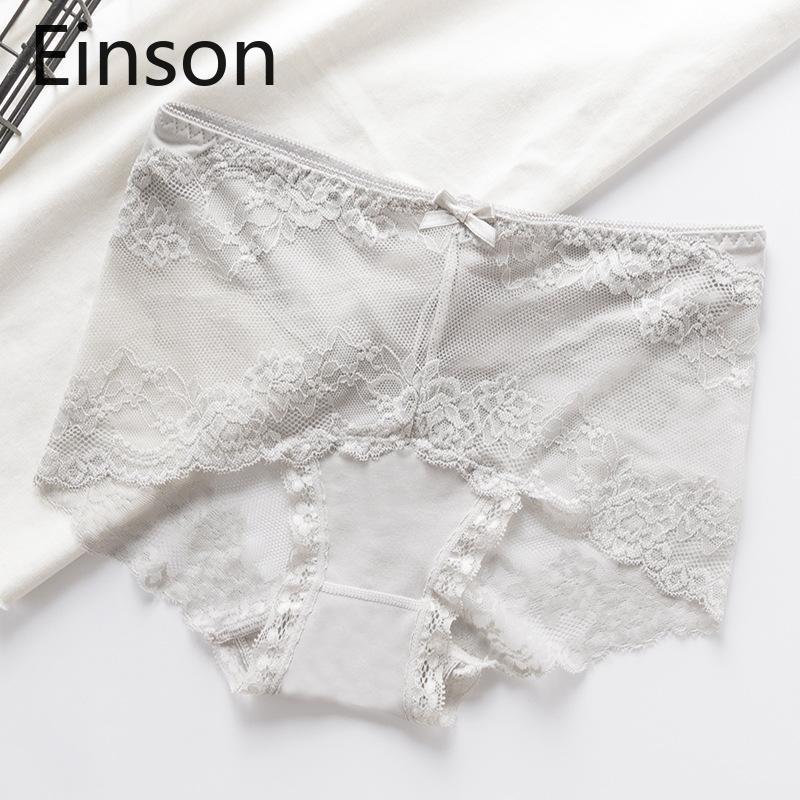 Underwear Women's Enlarged Mid Waist Lace Underpants Breathable Sexy Mesh Briefs Einson