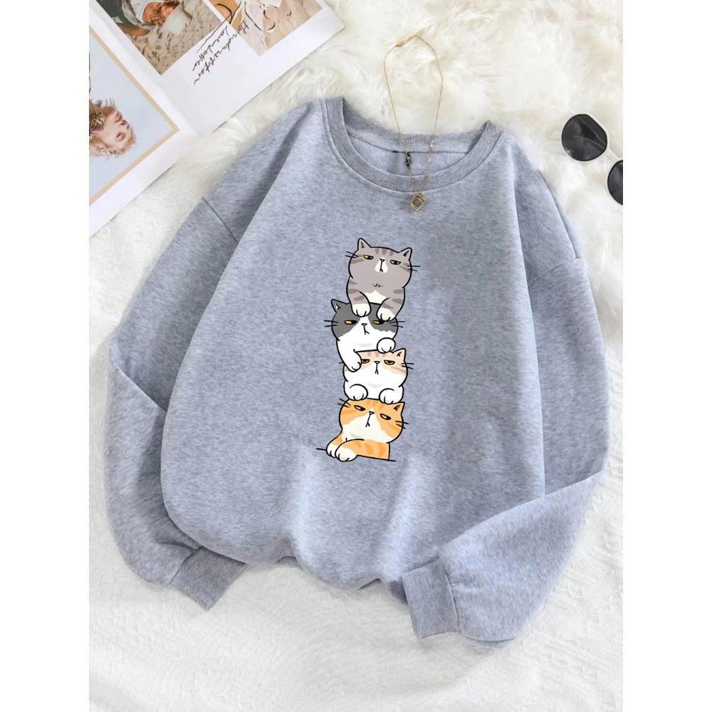 2025 Four Cats Playing On Top of Each Other Prints Hoodie Women Autumn Winter Sweatshirt Basics Pullover Casual Women Clothes