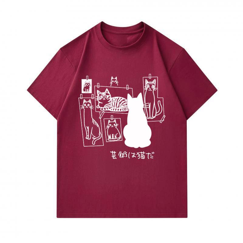 Men's 100% Cotton Crew Neck Short Sleeve T-Shirt, Cute Cat Art Pattern Casual Summer Tee, Comfortable Lightweight Daily Basic Tops for Cat Lovers