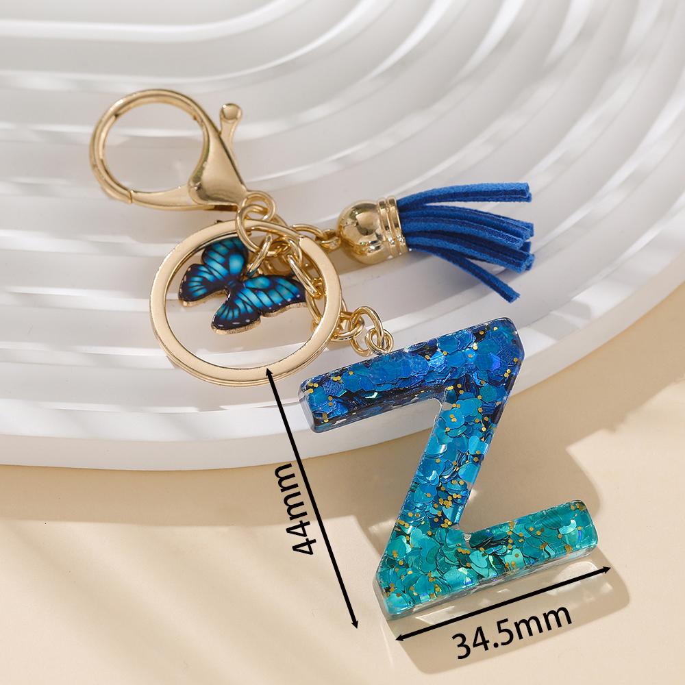 1pc Alloy Alphabet Initial Keychain Royal Blue Butterfly & Tassel Letter Keychain for Backpack Charm Accessory Key Ring Findings