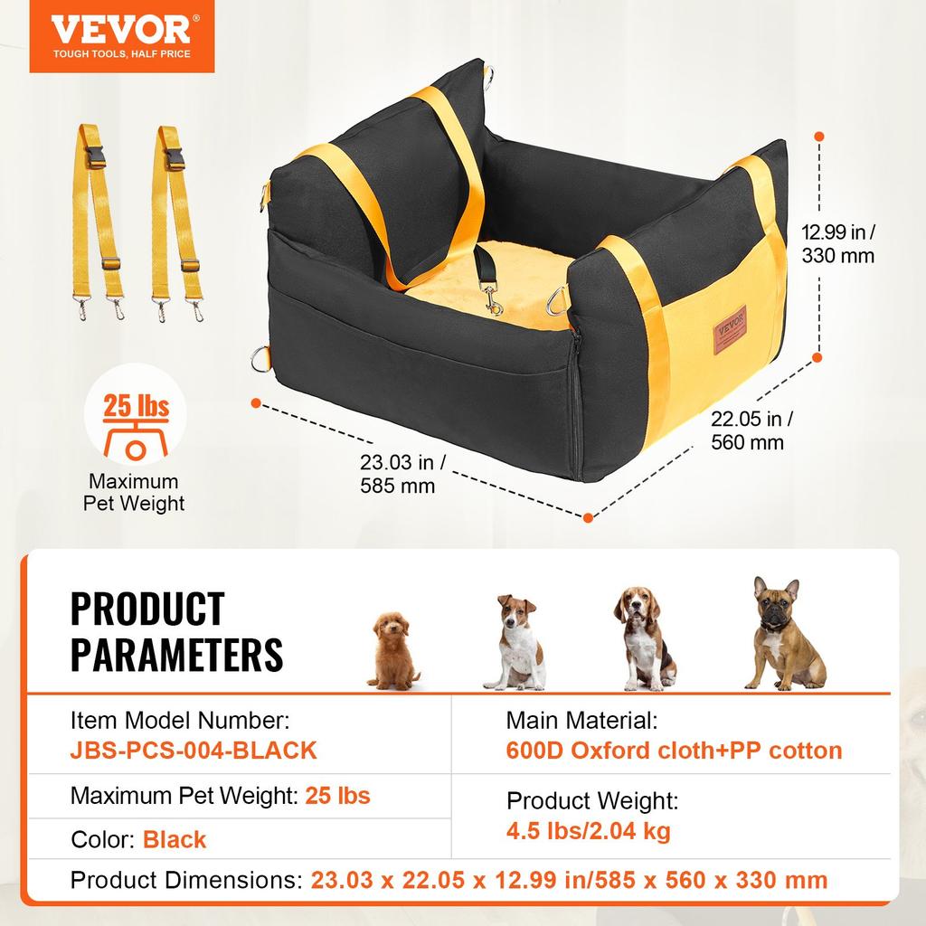 VEVOR Siège Auto pour Chien, Rehausseur Imperméable pour Chien avec Poignées Latérales et Poche de Rangement, Laisse de Sécurité à Clipser et Rembourrage en Coton PP