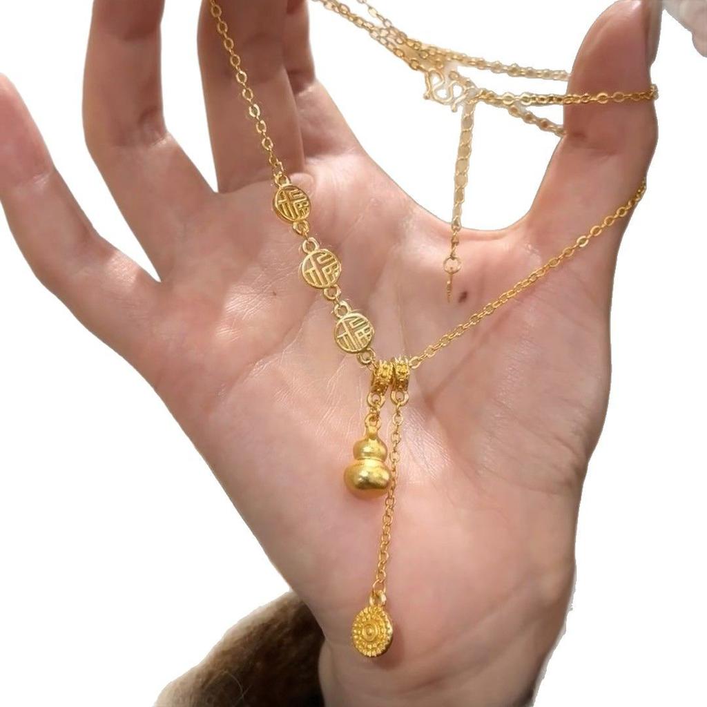 New Chinese Style Golden Gourd Pendant with Tassel, Lucky Character, Collarbone Chain, Best Friend Gift